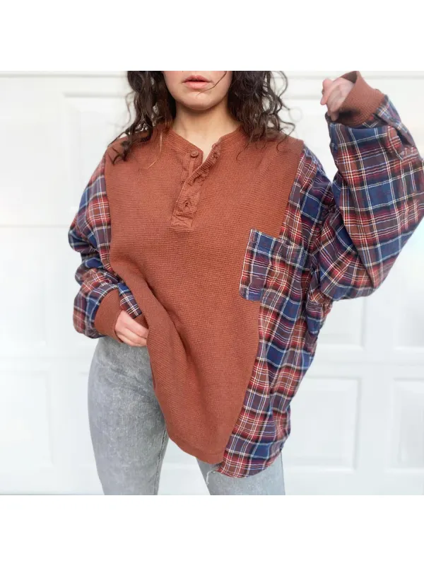 Vintage Plaid Patchwork Button Sweatshirt - Cominbuy.com 
