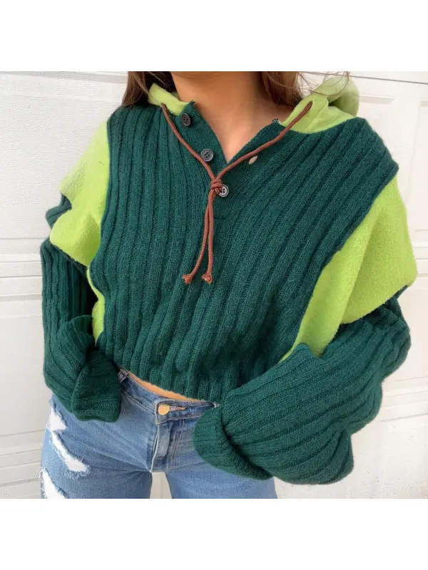 Women's Patchwork Woolen Hooded Sweatshirt - Realyiyi.com 