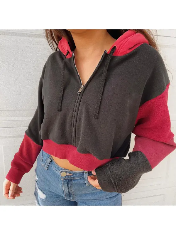 Women's Colorblock Zipper Hooded Sweatshirt - Cominbuy.com 