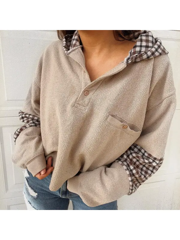 Women's Patchwork Plaid Hooded Sweatshirt - Cominbuy.com 