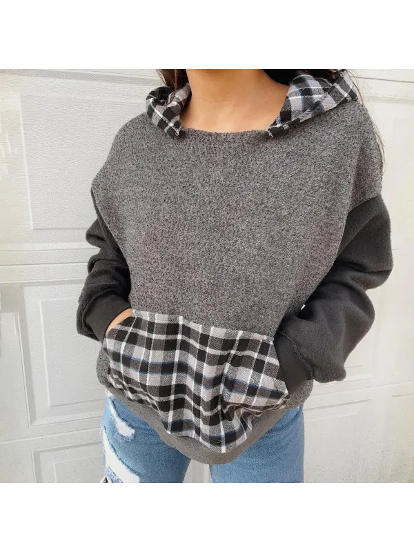Women's Patchwork Plaid Hooded Sweatshirt - Cominbuy.com 