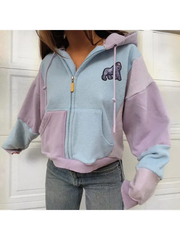 Women's Colorblock Zipper Hooded Sweatshirt - Cominbuy.com 