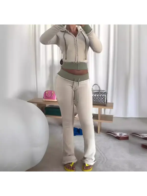 Brushed Patchwork Clashing Color Hooded Long Sleeve Zipper Sweatshirt Sweatshirt Micro Pants Set - Viewbena.com 