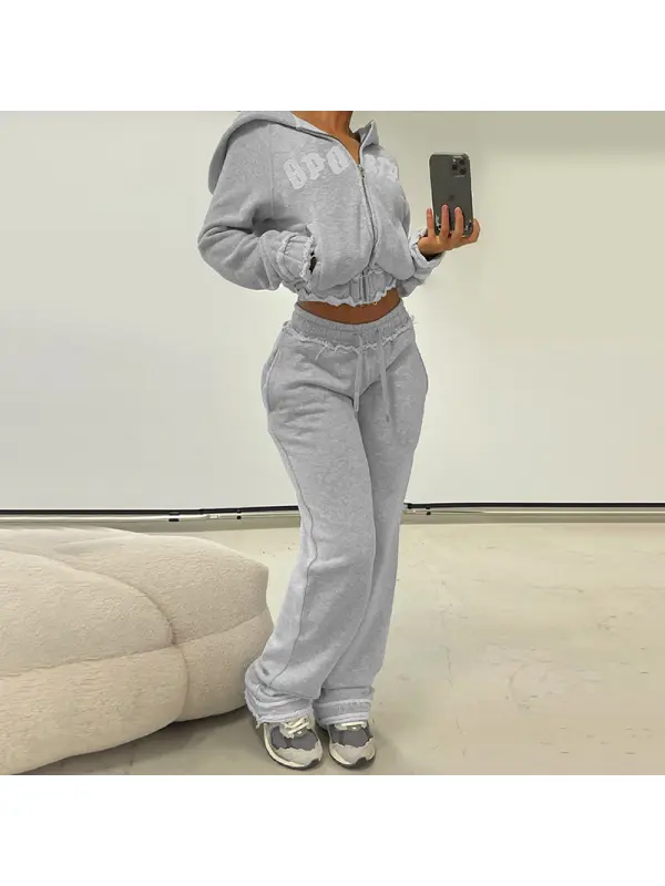 Sporty Style Letter Printed Raw Edge Hooded Zipper Sweatshirt Straight Leg Pants Two Piece Set - Machoup.com 