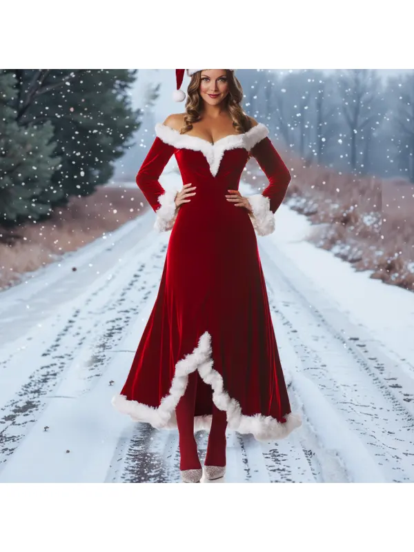 Women's Christmas Vintage Velvet Fur Collar Dress - Geocici.com 