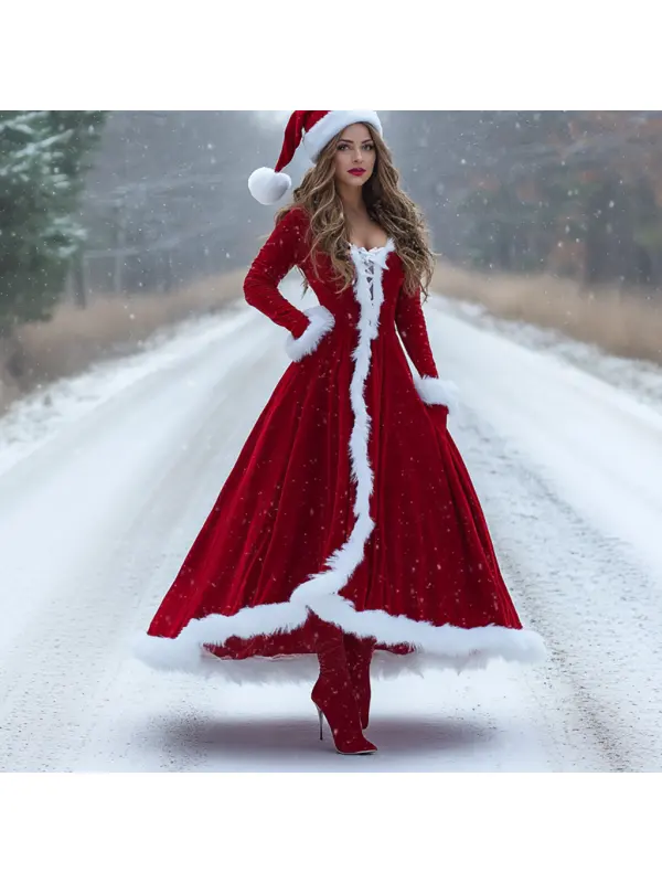 Women's Christmas Vintage Velvet Fur Collar Dress - Cominbuyshop.com 