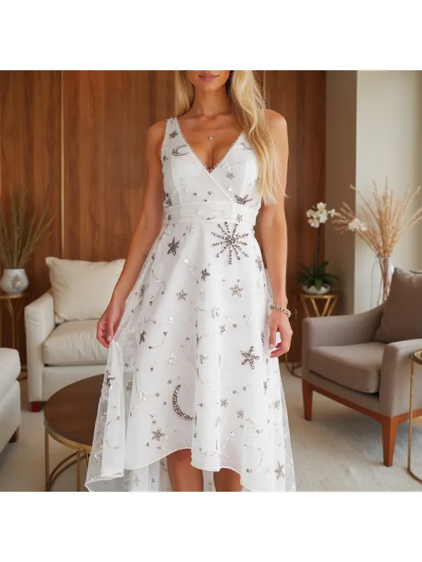 Women's Elegant Lace Mesh Sequin Embroidered Long Dress - Viewbena.com 