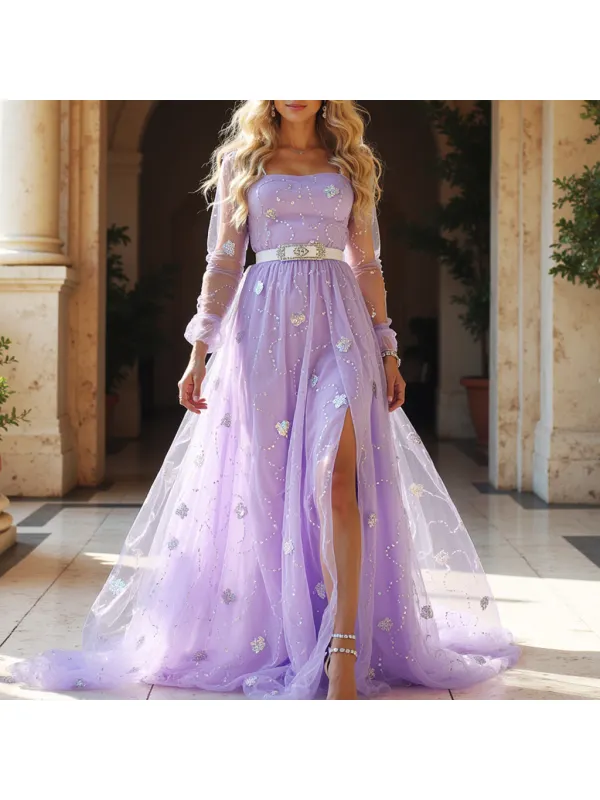 Women's Casual Mesh Sequin Lace Long Long-sleeved Dress - Geocici.com 