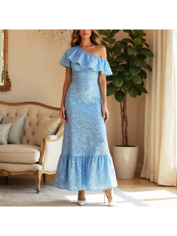 Women's Metallic Sequin Long Evening Gown Dress - Machoup.com 