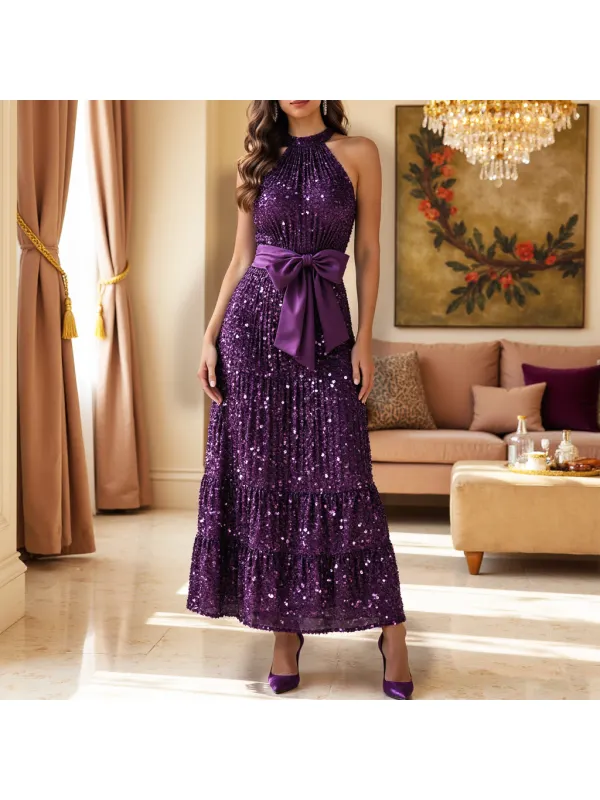 Women's Metallic Sequin Party Long High Neck Off Shoulder Evening Gown Dress - Machoup.com 