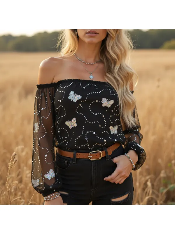 Women's Casual Lace Mesh Embroidery Long Sleeves Top Shirt - Cominbuy.com 