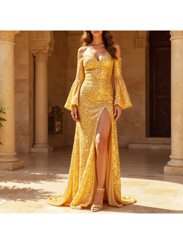 Women's Metallic Sequin Party Long Mesh Cape Off-shoulder Evening Dress - Machoup.com 