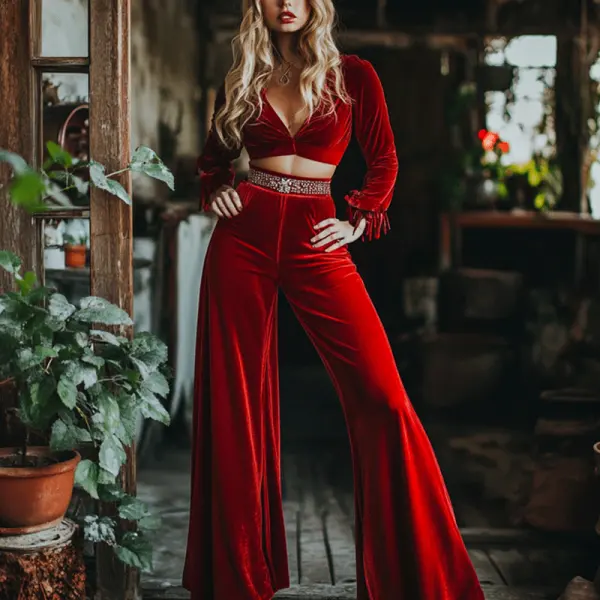 Women's Velvet Retro Loose Vacation Travel Jumpsuit And V-neck Top Set - Ootdcowboys.com 