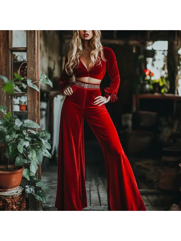 Women's Velvet Retro Loose Vacation Travel Jumpsuit And V-neck Top Set - Realyiyi.com 