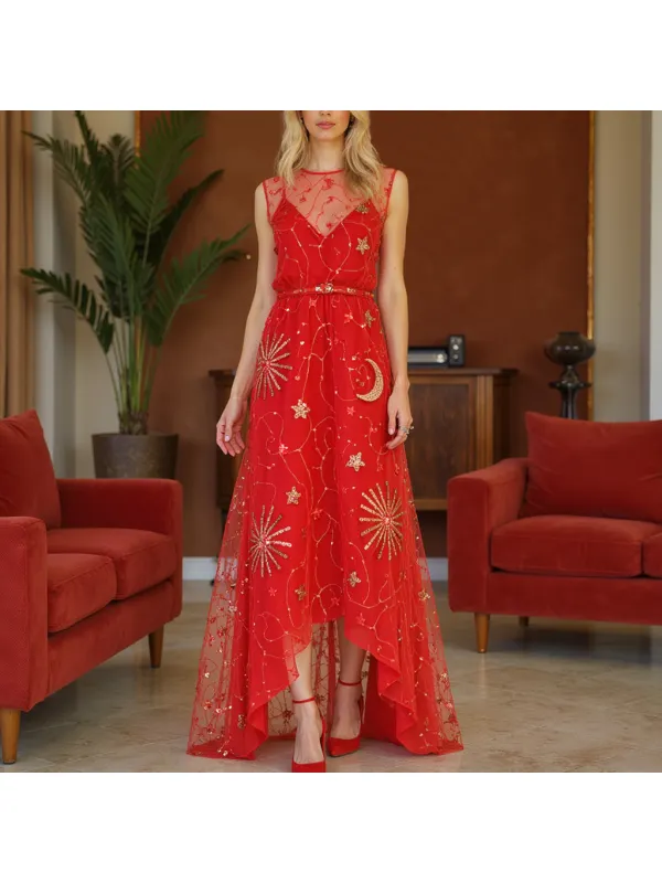 Women's Elegant Lace Mesh Sequin Embroidered Long Dress - Geocici.com 