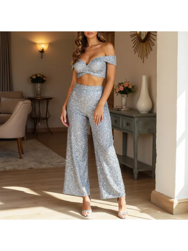 Women's Shiny Sequin Off-the-shoulder Vest And Sequined Long Wide-leg Pants Set - Cominbuy.com 