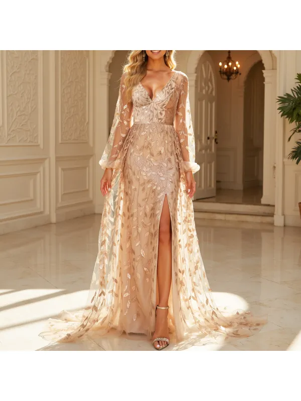 Women's Mesh Lace Sequin Embroidery Long Sleeve Puff Sleeve Elegant Dress Long Dress - Geocici.com 