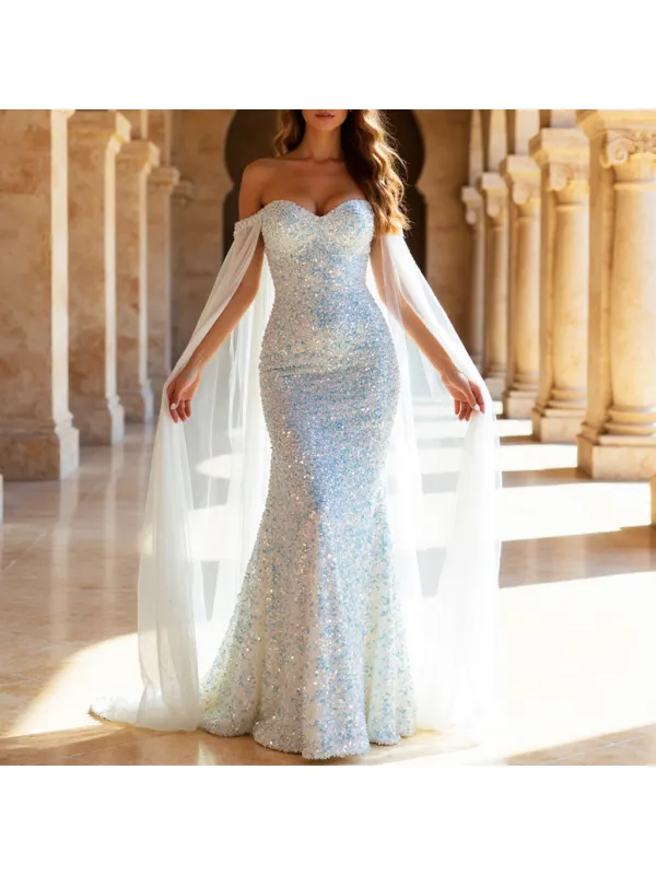 Women's Metallic Sequin Party Long Mesh Cape Off-shoulder Evening Dress - Viewbena.com 