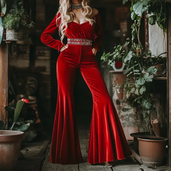 Women's Vacation Travel Velvet Retro Loose Jumpsuit Set - Ootdyouth.com 