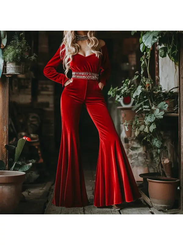 Women's Vacation Travel Velvet Retro Loose Jumpsuit Set - Cominbuy.com 