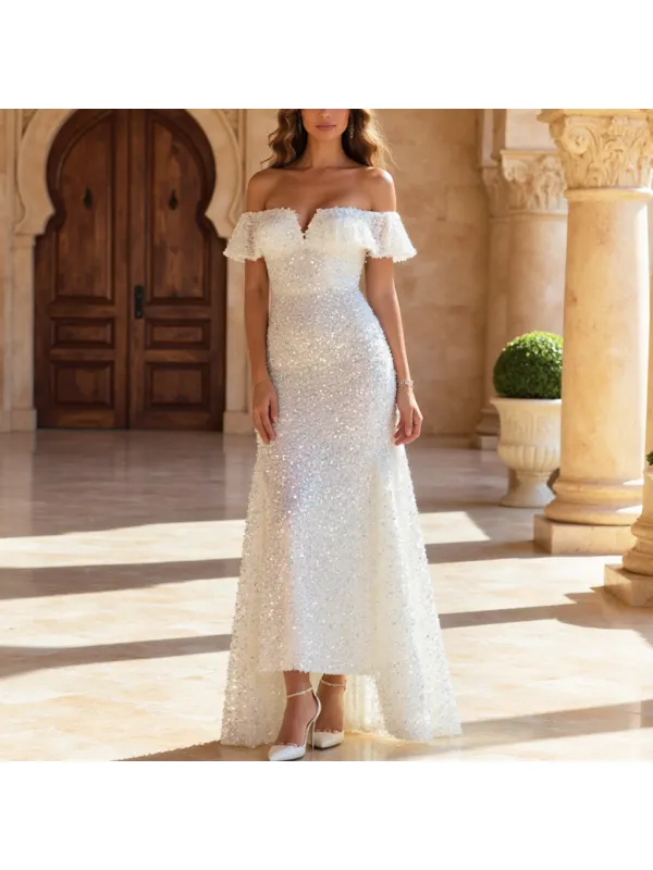 Women's Metallic Glowing Sequins Evening Party Long Evening Gown Dress - Geocici.com 