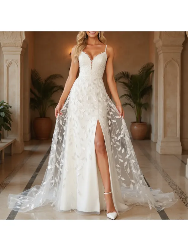 Women's Mesh Lace Sequin Embroidery Suspender Elegant Dress Long Dress - Cominbuyshop.com 