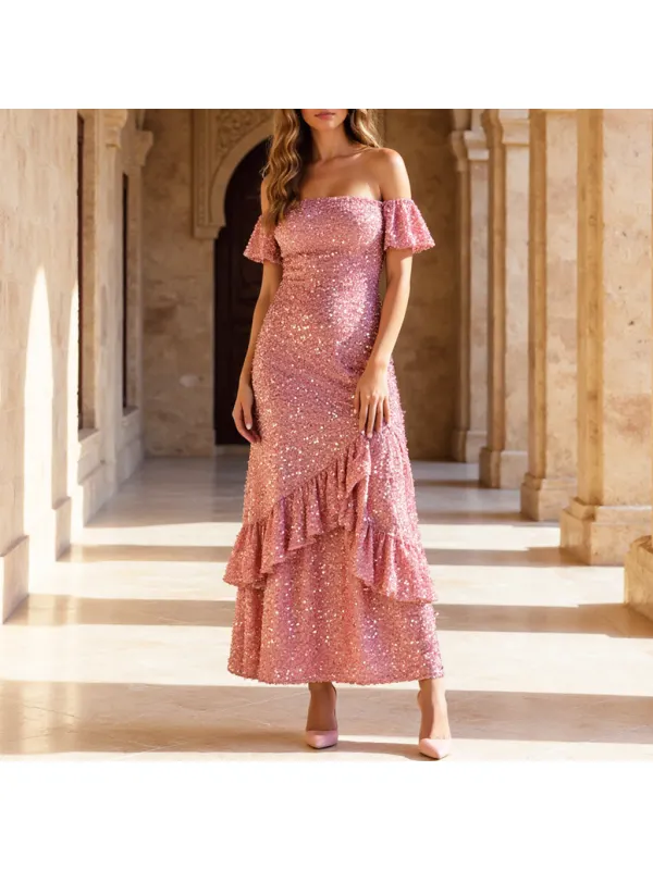 Women's Metallic Glowing Sequins Party Long Evening Gown Dress - Machoup.com 