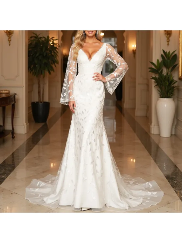 Women's Mesh Lace Sequin Embroidery Long Sleeve Elegant Dress Long Dress - Cominbuy.com 