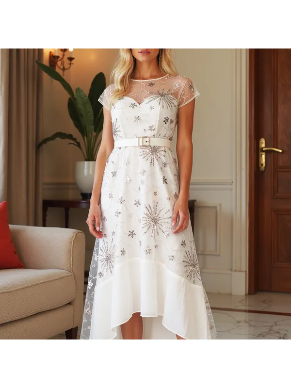 Women's Elegant Lace Mesh Sequin Embroidered Long Dress - Cominbuy.com 
