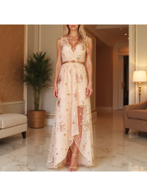 Women's Elegant Lace Mesh Sequin Embroidered Long Dress - Geocici.com 
