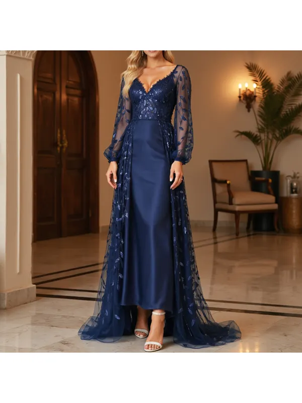 Women's Mesh Lace Sequin Embroidery Satin Long Sleeve Elegant Dress Long Dress - Machoup.com 