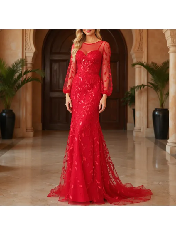 Women's Mesh Lace Sequin Embroidery Long Sleeve Puff Sleeve Elegant Dress Long Dress - Cominbuyshop.com 
