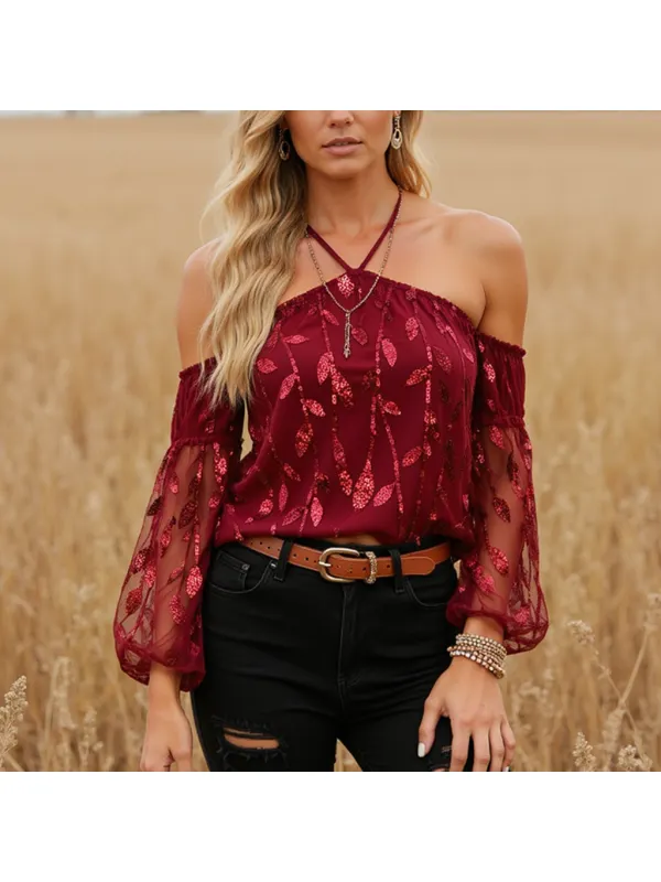 Women's Lace Mesh Embroidery Long Sleeves Top Shirt - Cominbuy.com 