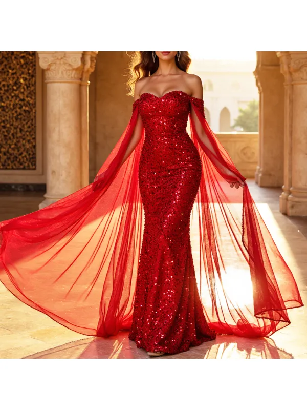 Women's Metallic Sequin Party Long Evening Gown Dress - Cominbuy.com 