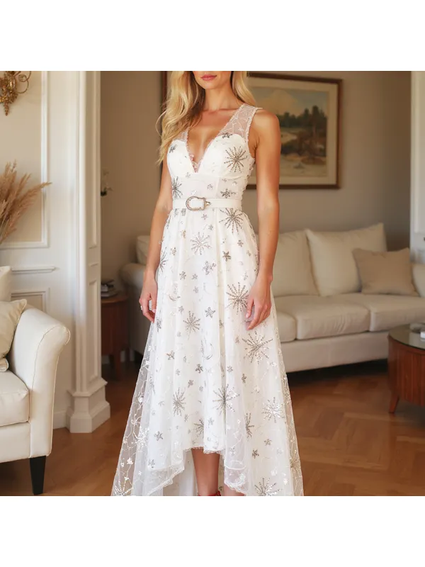 Women's Elegant Lace Mesh Sequin Embroidered Long Dress - Cominbuy.com 