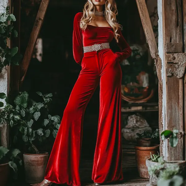 Women's Velvet Retro Loose Vacation Travel Jumpsuit Set - Ootdyouth.com 