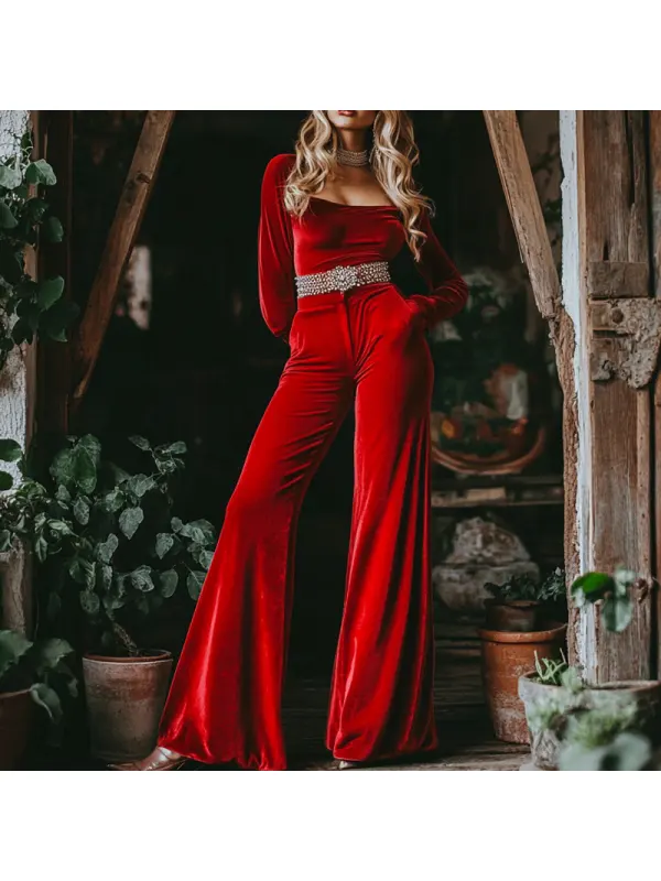 Women's Velvet Retro Loose Vacation Travel Jumpsuit Set - Geocici.com 