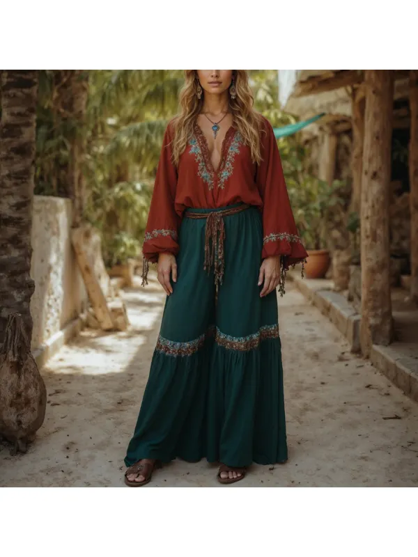 Women's Casual Cotton And Linen Retro Ethnic Style Loose Top Pants Set - Aptkoi.com 