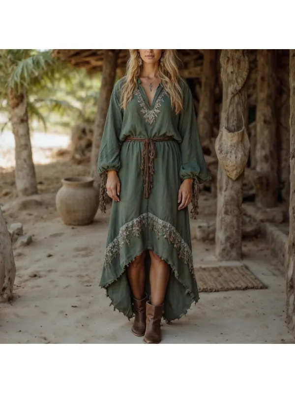 Women's Casual Cotton And Linen Retro Ethnic Style Loose Long-sleeved Dress - Realyiyi.com 
