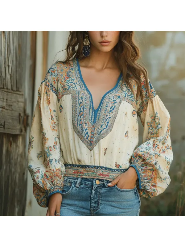 Women's Retro Ethnic Print V-neck Long Sleeved Shirt - Realyiyi.com 