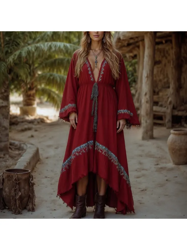 Women's Casual Cotton And Linen Retro Ethnic Style Loose Long-sleeved Dress - Cominbuy.com 