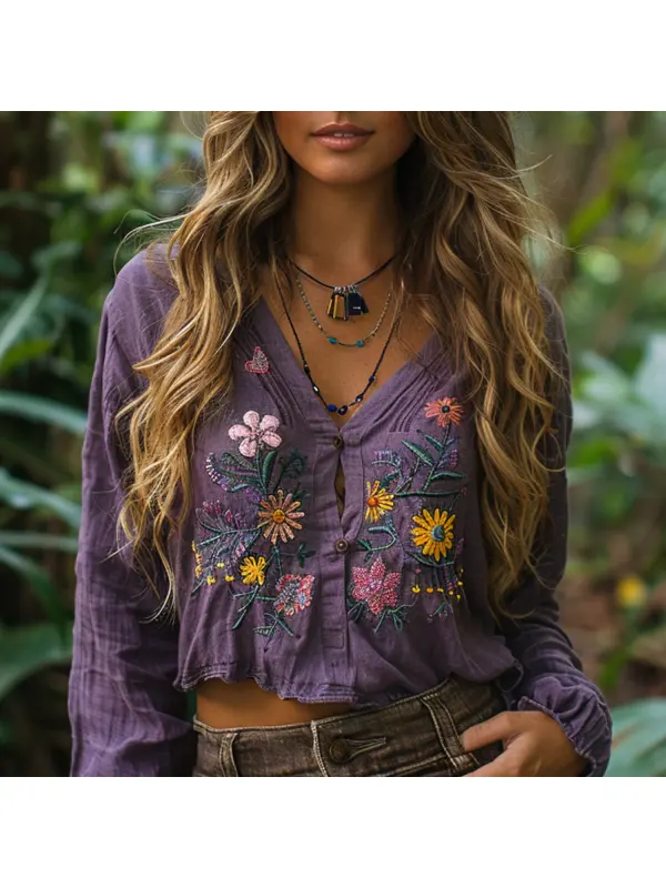 Vacation Casual Cotton And Linen Long-sleeved T-shirt - Realyiyi.com 