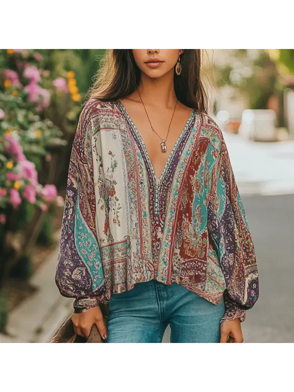 Women's Bohemia Retro Floral Ethnic Collar Splicing Print V-neck Long Sleeved Shirt - Realyiyi.com 