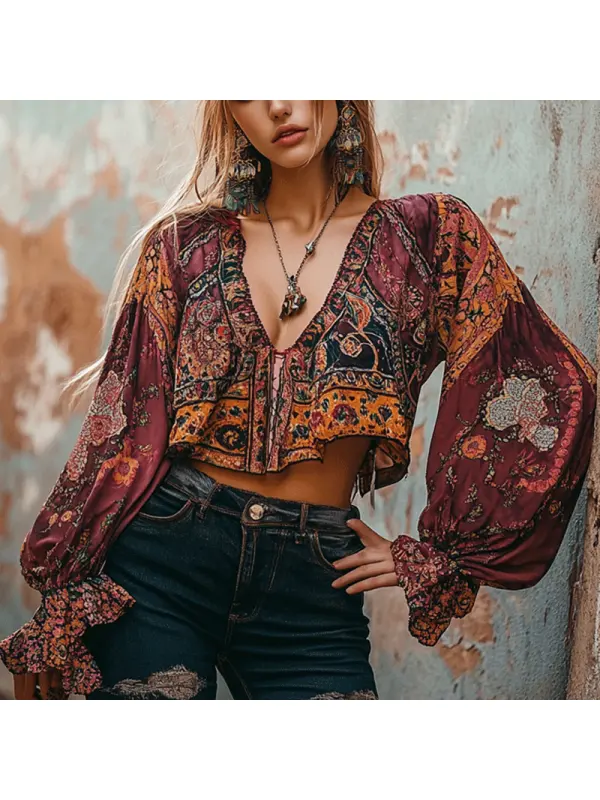 Women's Bohemia Retro Floral Ethnic Collar Splicing Print V-neck Loose Long Sleeved Shirt - Realyiyi.com 