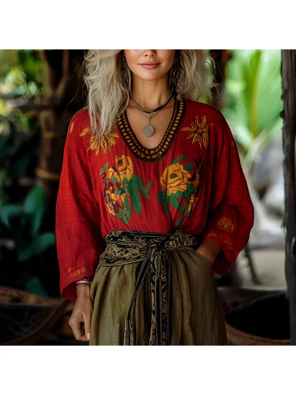 Women's Casual Cotton And Linen Retro Ethnic Style Loose Top Shirt - Realyiyi.com 