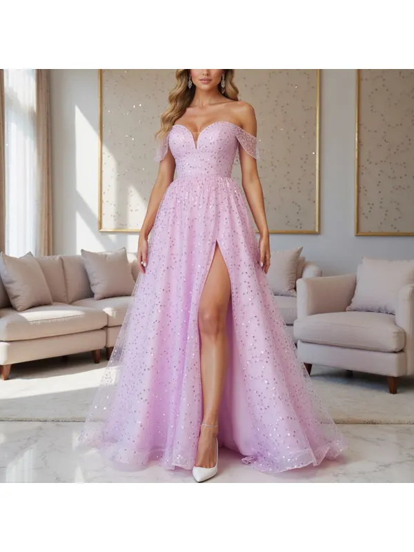 Women's Metallic Sequined Mesh Lace Short-sleeved Semi-transparent Evening Dress Dress - Machoup.com 
