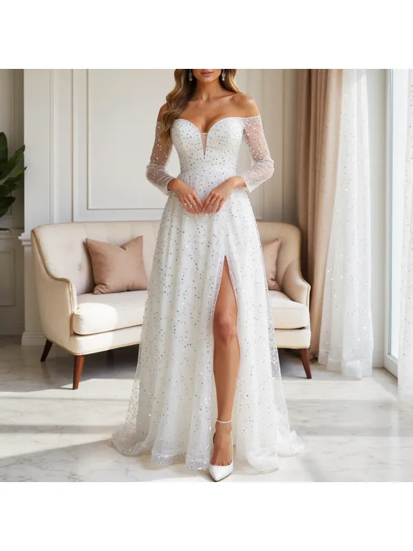 Women's Metallic Sequined Mesh Lace Long-sleeved Semi-transparent Evening Dress Dress - Viewbena.com 