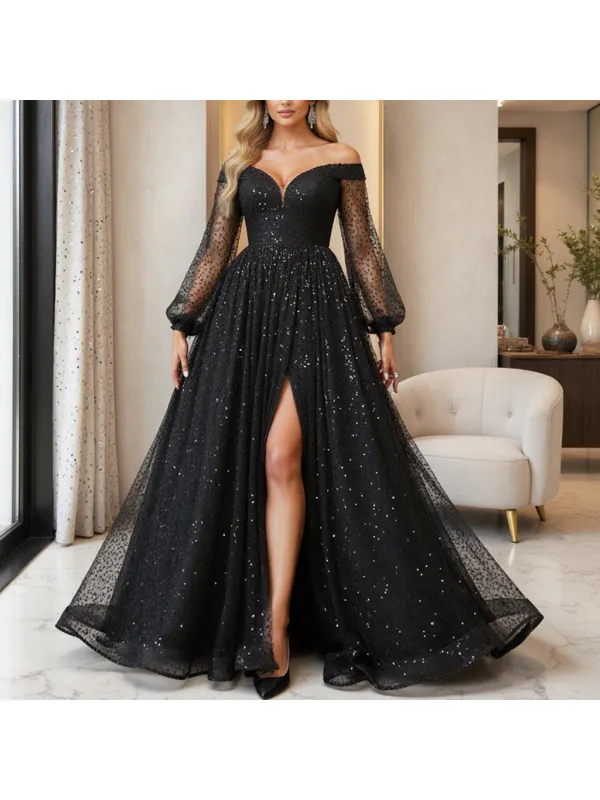 Women's Metal Sequined Mesh Lace Long-sleeved Off-shoulder Semi-transparent Short Dress - Machoup.com 