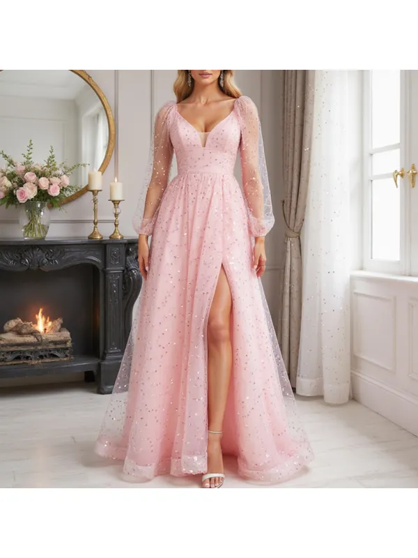 Women's Metallic Sequined Mesh Lace Long-sleeved Semi-transparent Evening Dress - Realyiyi.com 