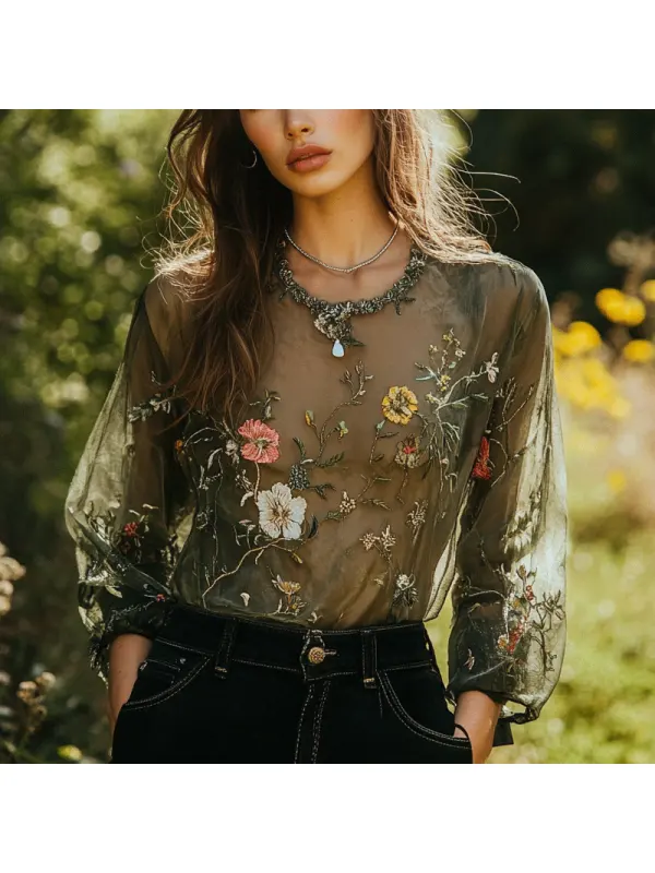 Women's Bohemia Embroidered Flower Round Neck Green Shirt - Tulipace.com 